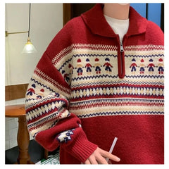 2024 New Year Striped Christmas Sweaters Men Lapel Zipper Pullover Women Autumn Winter Loose Niche Couple Knitted Sweater Coat voguable