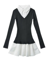 Fashion Knit Slim Mini Dress Women Ribbed Lapel 2 Piece-Set Decoration Patchwork Party Dress Knitwear Female Spring Dress