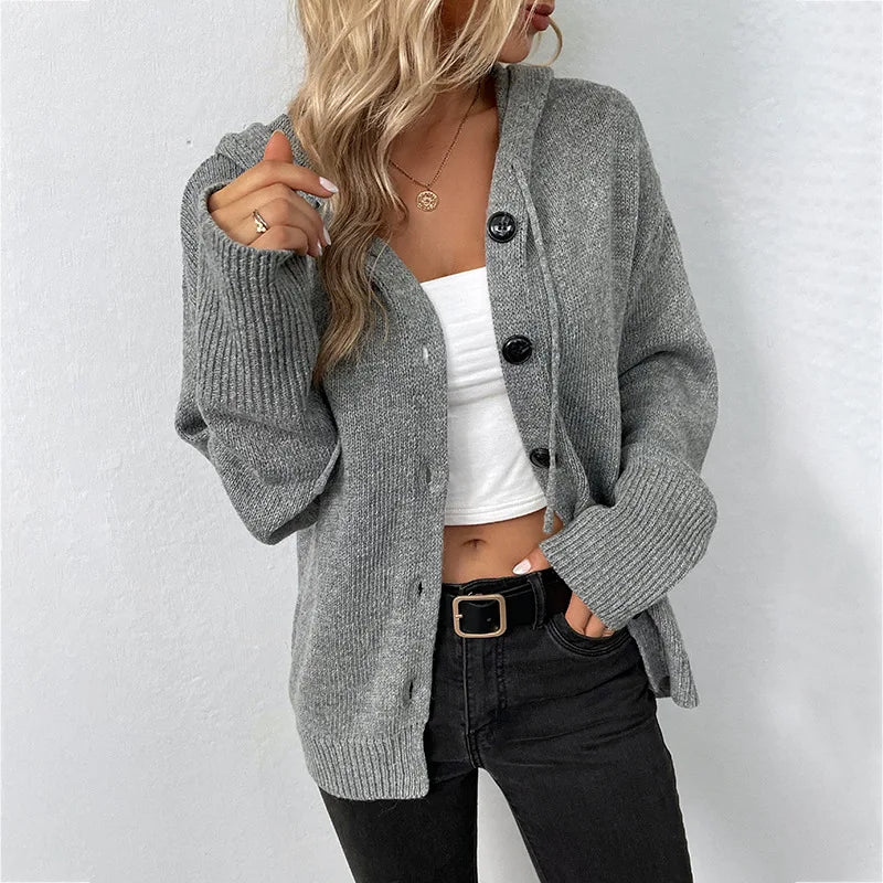 Autumn Winter New Women's Knitwear Y2k Harajuku Casual Single Breasted Solid Color Hooded Drawstring Knit Cardigan Sweater Women voguable