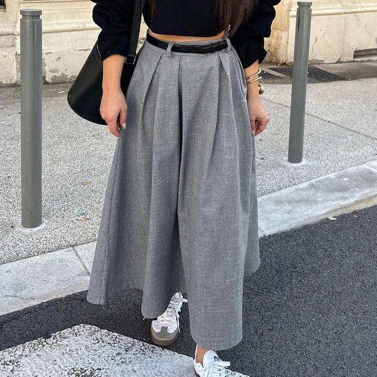 Retro Chic High Waist Gray Elegant Women Skirt Solid Color Zipper Pleat Long Skirt Fashion Office Lady Woman Clothing 2025 New voguable