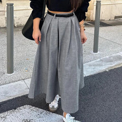 Retro Chic High Waist Gray Elegant Women Skirt Solid Color Zipper Pleat Long Skirt Fashion Office Lady Woman Clothing 2025 New voguable