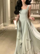 Ruffles Evening Party Dress for Women Elegant Sleeveless Square Collar A Line Solid Summer Prom Robe Korean Vestidos voguable