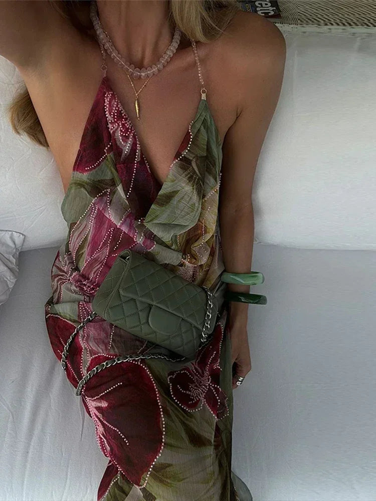 Sexy Printed V-neck Halter Long Dresses Women Retro Sleeveless Backless Side Slit Beach Dress Female Fashion High Street Holiday voguable