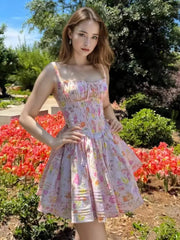 Women's Elegant Dresses French Print Summer New 2025 Casual Slim Waist A-Line Square-Collar Pleated Spaghetti Strap Vestidos voguable