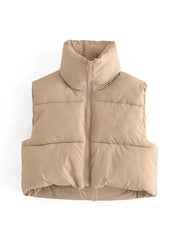 Women Fashion Adjustable Hem Zip-up Crop Padded Waistcoat Vintage High Neck Sleeveless Female Outerwear Chic Vest Tops voguable