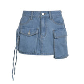 Safari Style Big Pockets Denim Skirt Sexy Slim Mid-Waisted Mini Skirts Women Summer Fashion Streetwear Ladies voguable