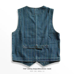 American Leisure Denim Vest Men Trendy Retro Old Striped Horse Clip American High-end Multi-pocket V-neck Layered Work Vest Men voguable