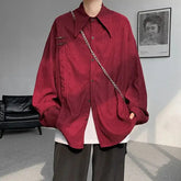 Voguable Autumn Men's Burgundy Textured Long Sleeve Shirt Loose Fit Metal Detail Casual Blouse voguable