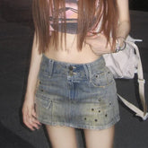 Vintage Y2k Denim Skirt Women Sexy Harajuku Star Streetwear Mini Skirts A-line Retro Fashion Slim Up Casual Jeans Skirt voguable