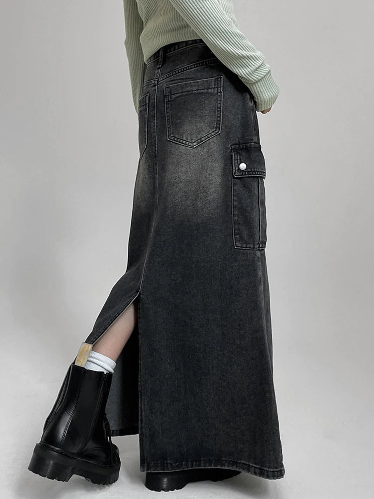 Voguable Vintage Pocket Split Washed Denim Maxi Skirt High Waist Women Y2K Streetwear Long Skirts Harajuku Korean Fairy Grunge voguable