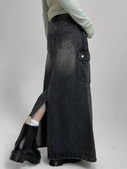Voguable Vintage Pocket Split Washed Denim Maxi Skirt High Waist Women Y2K Streetwear Long Skirts Harajuku Korean Fairy Grunge voguable