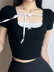 Voguable Contrast Stitching T-Shirt for Women Sweet Casual Short-Sleeved Square Collar Slim Shirts Korean Sexy Coquette Crop Top voguable