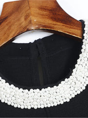 Pearl Beading Elegant Short Dress Fashion Black White Patchwork Knitting Summer Dress 2025 Sleeveless Ruffle Chic New Dress Lady voguable