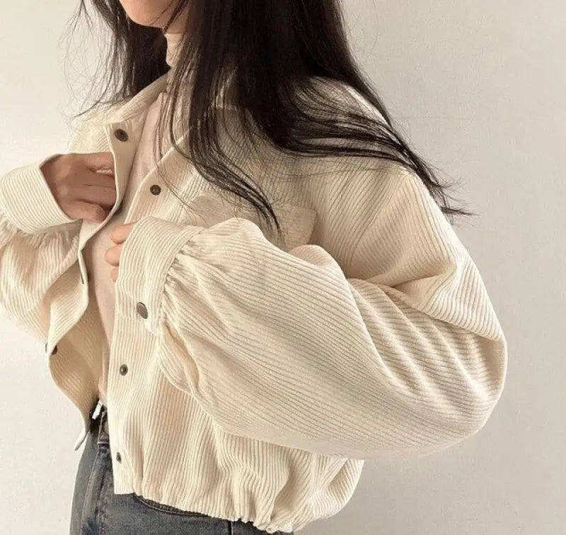 Vintage Corduroy Cropped Jacket Women Korean Fashion Long Sleeve Drawstring Blouses Female Casual Loose Single Breasted Coats voguable