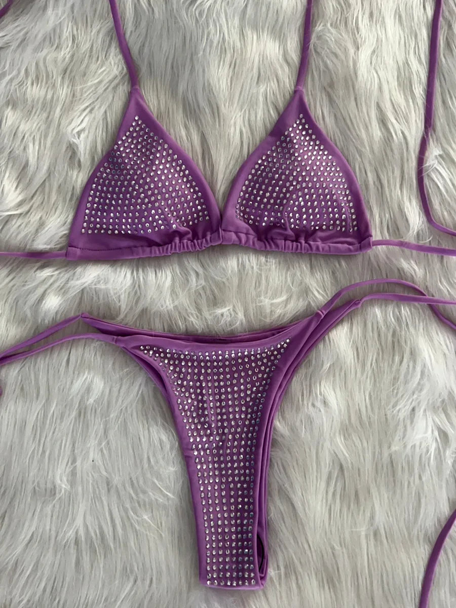 Shiny Sequin Diamond Bikini Women Swimwear Female Swimsuit Two-pieces Bikini Set Wrap Around Halter Bathing Suit Swim Beach Wear voguable