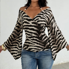 Voguable Fashion Leopard Printing T-shirts Bead Halter Off Shouler V Neck Flare Sleeve Loose Fit Female Tie Up Sexy Ladies Tops Clothes voguable