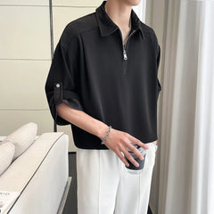 Mens Casual Polo Shirt Half Zip Contrast Collar Loose Fit Comfortable Turn Down Collar Tshirt Relaxed Breathable Top Fashion voguable