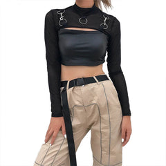 y2k Crop Top Women Gothic Clothing See Through High Neck Long Sleeve Mesh T Shirt Fairy Grunge Clothes 2000s Streetwear voguable