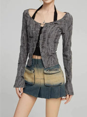 Destressed Two Piece Set Lace-up Cardigan with Cami Women's Y2K Grunge Crop Long Sleeve Criss Cross Knit Tops Acubi Outfit voguable