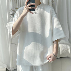 Summer Short Sleeved T-shirt Men Casual Pleated T Shirt Men Streetwear Hip-hop Loose Striped T Shirt Mens Top Large Size 5XL voguable