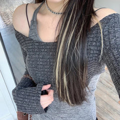 Voguable Women Solid Color Tank Tops Tie-Up Halter Neck Sleeveless Backless Vests with Long Sleeve Crop Tops Knit Smock Cover-Ups voguable