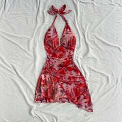 Dresses Summer Fitting Slim Vacation Floral Asymmetrical Plunge Neck Halter Neck Mini Beach Style Dresses For Women voguable