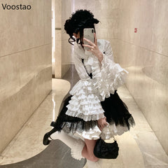 Victorian Vintage Lolita Style Shirts Women Gothic Y2k Bow Lace Ruffle Flare Long Sleeve Blouse Japanese Sweet Elegant Cute Tops voguable
