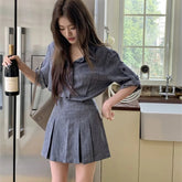 Fake Denim Fashion Spring Summer Outfits 2025 New Lapel Blouse Top And Short Skirt Two Piece Set Streetwear Shirts + Pleat Skirt voguable