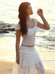 Patchwork 2-Piece Set Jacquard Women Lace Bandage Mini t-Shirt+High Slits Skinny Skirt Elasticated Waist Matching Suits voguable