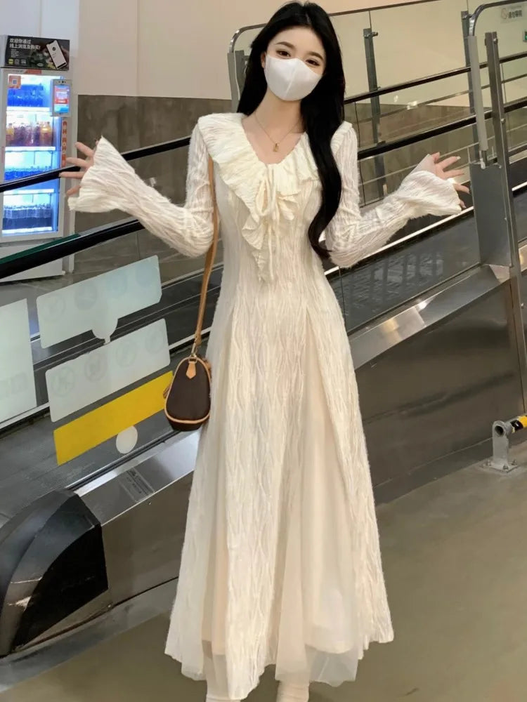 Autumn Elegant Solid Ruffles Fairy Dresses Korean Fashion Slim Wasit A Line Midi Dress Women Princess Party Vestidos New voguable