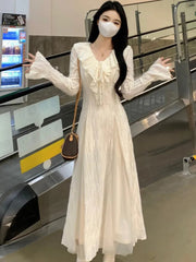 Autumn Elegant Solid Ruffles Fairy Dresses Korean Fashion Slim Wasit A Line Midi Dress Women Princess Party Vestidos New voguable