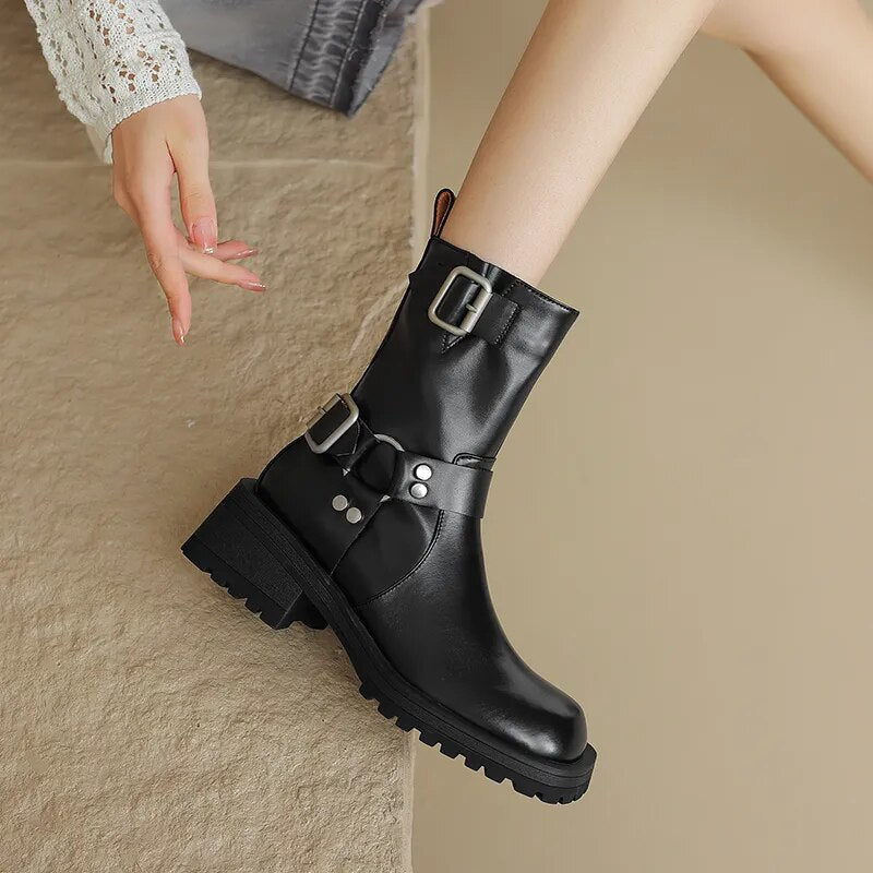 Women Shoes Genuine Leather Ankle Boots Fashion Buckles Design Thick Heels New Winter High-heel Shoes Woman Platform Boots voguable