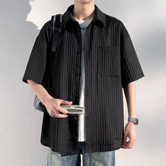 Summer Short Sleeved Shirt Men Black White Casual Shirts Men Streetwear Loose Pleated Shirts Man Fashion Shirt Large Size 5XL voguable