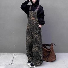 Women Leopard Jumpsuits Y2k Clothes Streetwear Wide Leg Baggy Jumpsuits Multi-Pocket Loose Cargo Overalls Rompers voguable