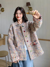 Retro Sweet Colors Tweed Jacket Women Long Sleeve Loose O Neck Elegant Coat Fall Winter Vintage French High Quality Tops voguable