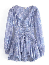 Voguable Summer Women Ruffle V Neck Long Sleeve Floral Print Boho Short Dress Ladies Vintage Fairy Robe Holiday voguable