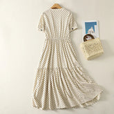 Voguable Summer Casual Loose Women's Dress Small V-Neck Polka Dot Short Sleeve Long Dress Shirt Style Comfortable Cotton Linen Blend voguable