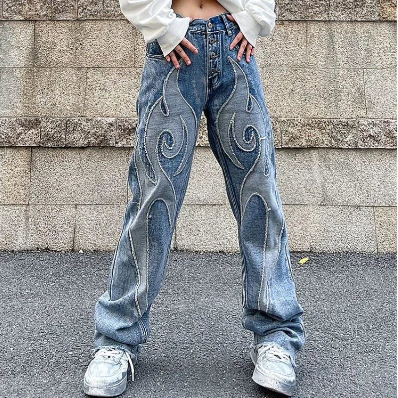 Vintage Flame Embroidered High Rise Jeans Women's Washed Old Loose Fit Jeans Women's Y2K Jeans Casual Pants Loose Fit Jean voguable