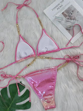 Voguable Sexy Pink Brozing Bikini Set 2024 Women Luxury Rhinestone Criss Cross Bandage Micro Swimsuit Bathing Suit Diamond Thong Swimwear voguable