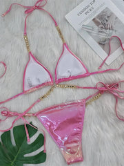 Voguable Sexy Pink Brozing Bikini Set 2024 Women Luxury Rhinestone Criss Cross Bandage Micro Swimsuit Bathing Suit Diamond Thong Swimwear voguable