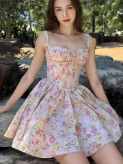 Women's Elegant Dresses French Print Summer New 2025 Casual Slim Waist A-Line Square-Collar Pleated Spaghetti Strap Vestidos voguable