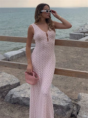 Tossy Knit Hollow Out Fashion Maxi Dress Women's See-Through Beach Holiday Loose Elegant Patchwork Party Dress Female Long Dress voguable