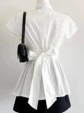 Back Bow White Shirt Women Slim Lace Up Elegant Blouse Vintage Casual Preppy Style Simple Short Sleeve All Match Tops New voguable