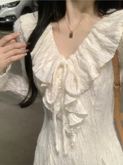 Autumn Elegant Solid Ruffles Fairy Dresses Korean Fashion Slim Wasit A Line Midi Dress Women Princess Party Vestidos New voguable