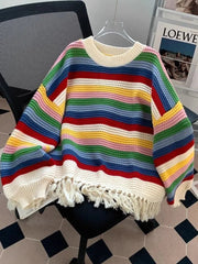 Sweet Rainbow Tassel Sweaters Women Vintage Cute Loose Long Sleeve Knitted Jumper Casual Retro O Neck Lady Hollow Out Pullovers voguable