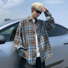 Autumn Long Sleeved Shirt Men Fashion Retro Plaid Shirt Men Japanese Streetwear Hip-hop Loose Casual Shirts For Men Large Sizes voguable