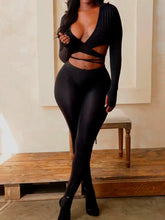Voguable Sexy V-Neck Women Two Piece Pants Sets Fashion Long Sleeve Drawstring Bandage Cropped Top and Leggings Pantyhose Outfits voguable
