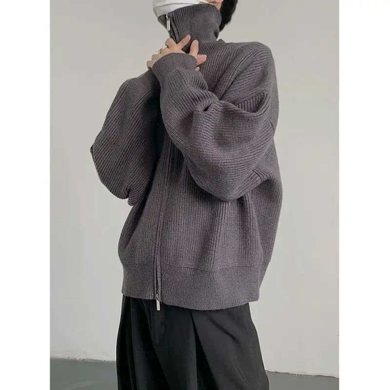 Solid Color High Collar Double Zipper Sweaters Cardigan Jacket Men and Women Autumn New Loose Couple Oversized Knitted Sweater voguable