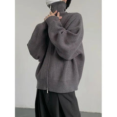 Solid Color High Collar Double Zipper Sweaters Cardigan Jacket Men and Women Autumn New Loose Couple Oversized Knitted Sweater voguable