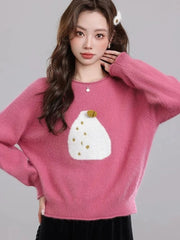 Chic Print Sweet Sweaters Women Casual Preppy Style Cute O Neck Pullover Loose Long Sleeve Fashion Fall Winter Korean Jumper New voguable